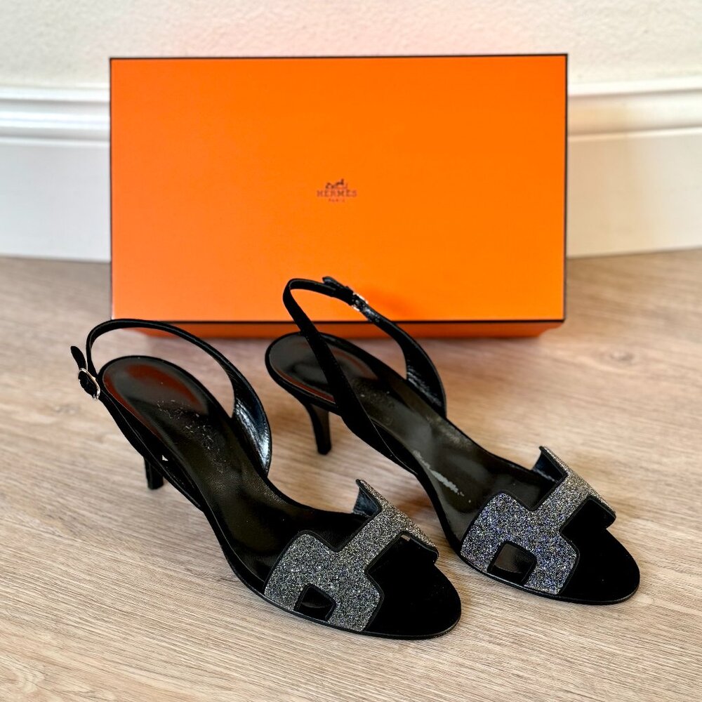 HERMES Night Crystal Slingback Black Silver Kitten Heel - EU 38.5
